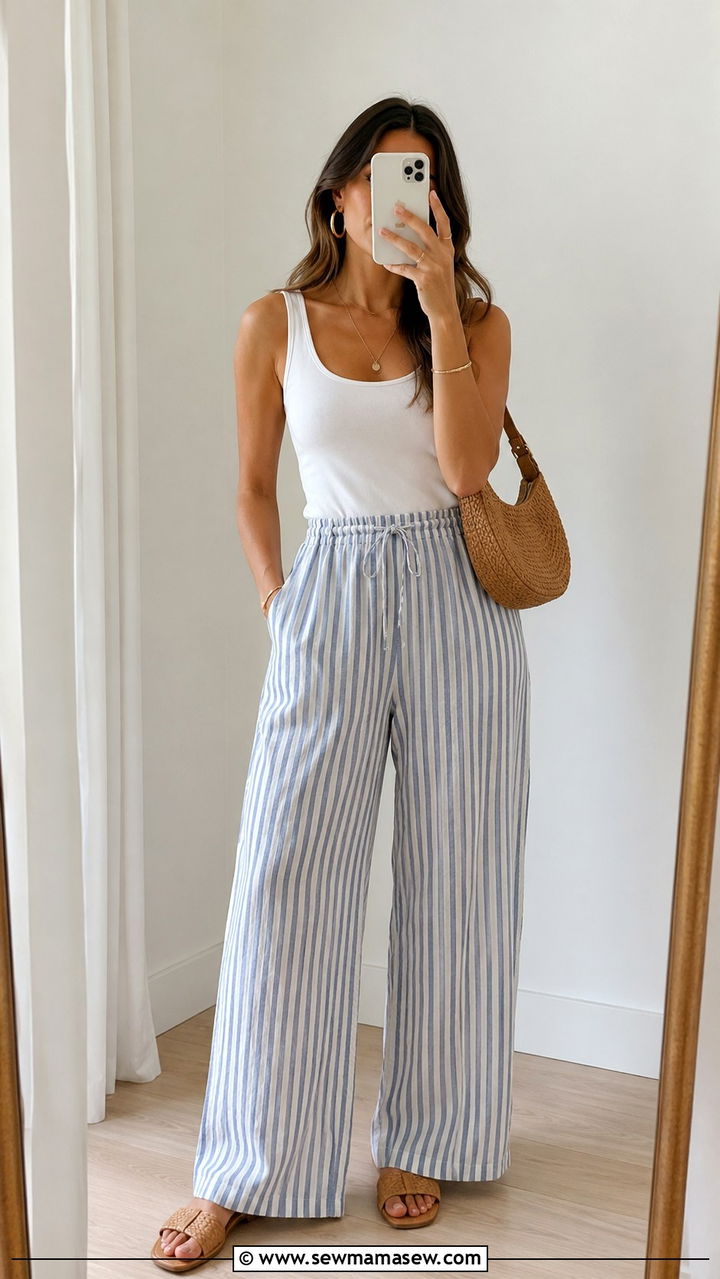 Striped Linen Pants With White Tank And Woven Slide Sandals - 30 spring linen pants outfit ideas
