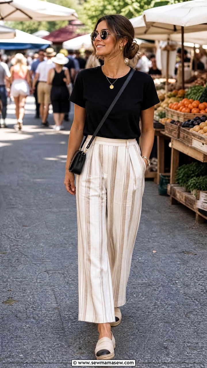 Striped Linen Pants with Black Tee and Espadrilles - 35 linen pants outfits ideas
