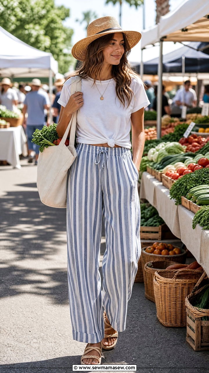 Striped Linen Pants with a Knotted Tee and Rope Sandals - 25 Brunch outfit ideas with linen pants