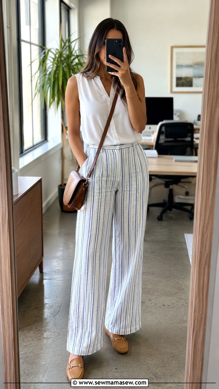 Striped Linen Pants with a Solid White Top - 30 Linen pants outfit ideas for work
