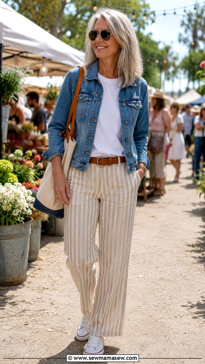 Striped Linen Pants with a White Tee and Denim Jacket - 30 Linen pants outfit ideas for women over 50