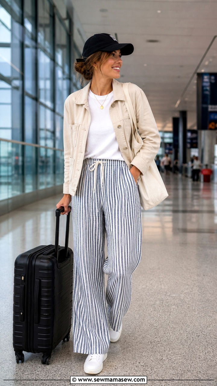Striped Linen Pants with a White Top and a Cream Jacket - 40 linen pants outfit ideas for women
