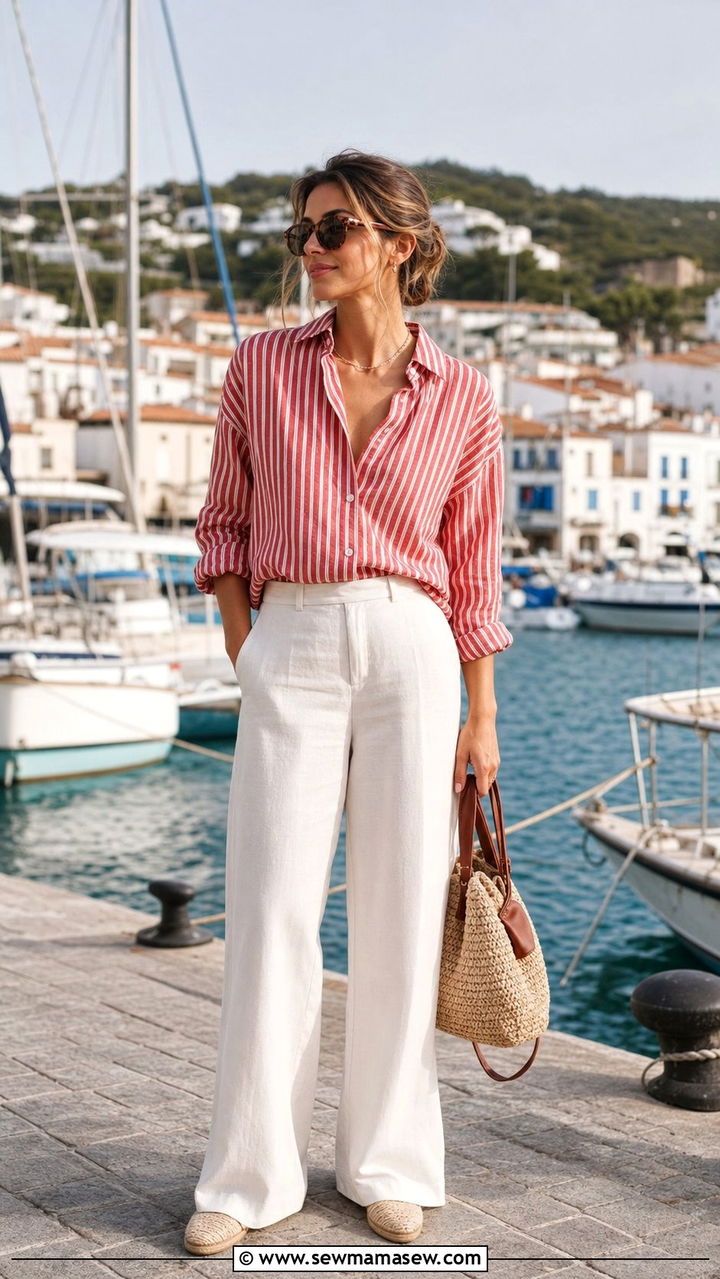 Striped Linen Shirt And Wide Leg Trousers - 35 beach vacation outfits inspo