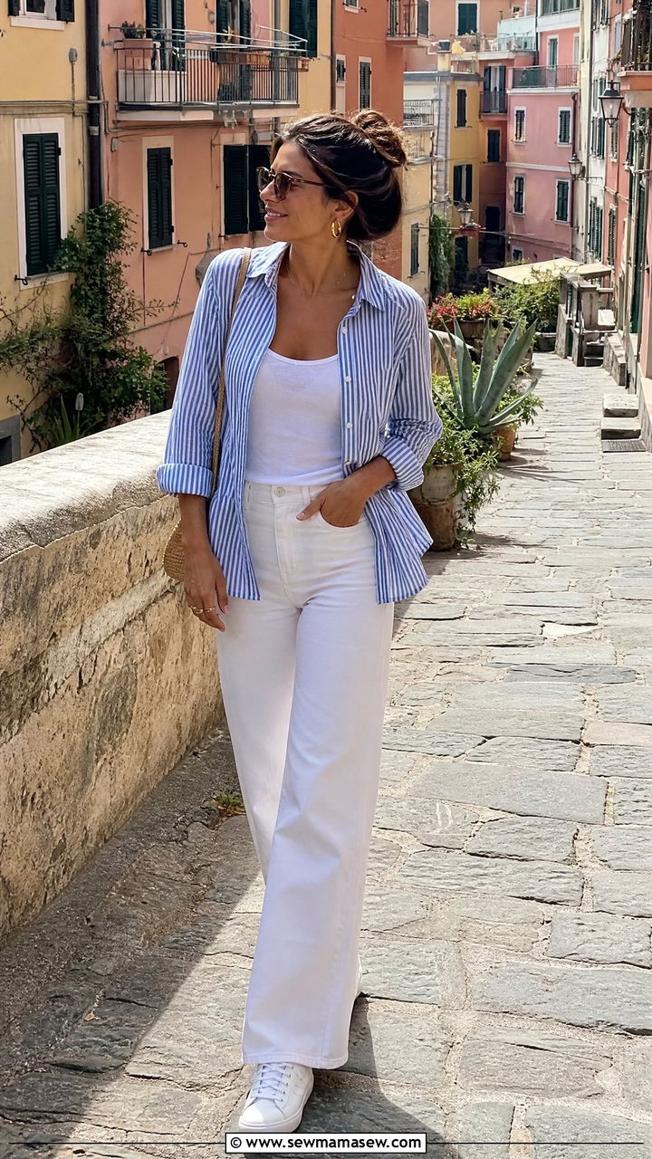 Striped Linen Shirt and White Wide Leg Jeans - 25 Italy outfits aesthetic