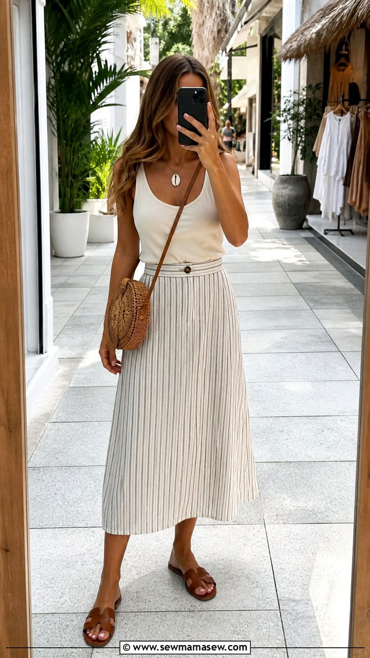Striped Linen Skirt With Neutral Tank Top And Sandals - 40 Bali outfit ideas