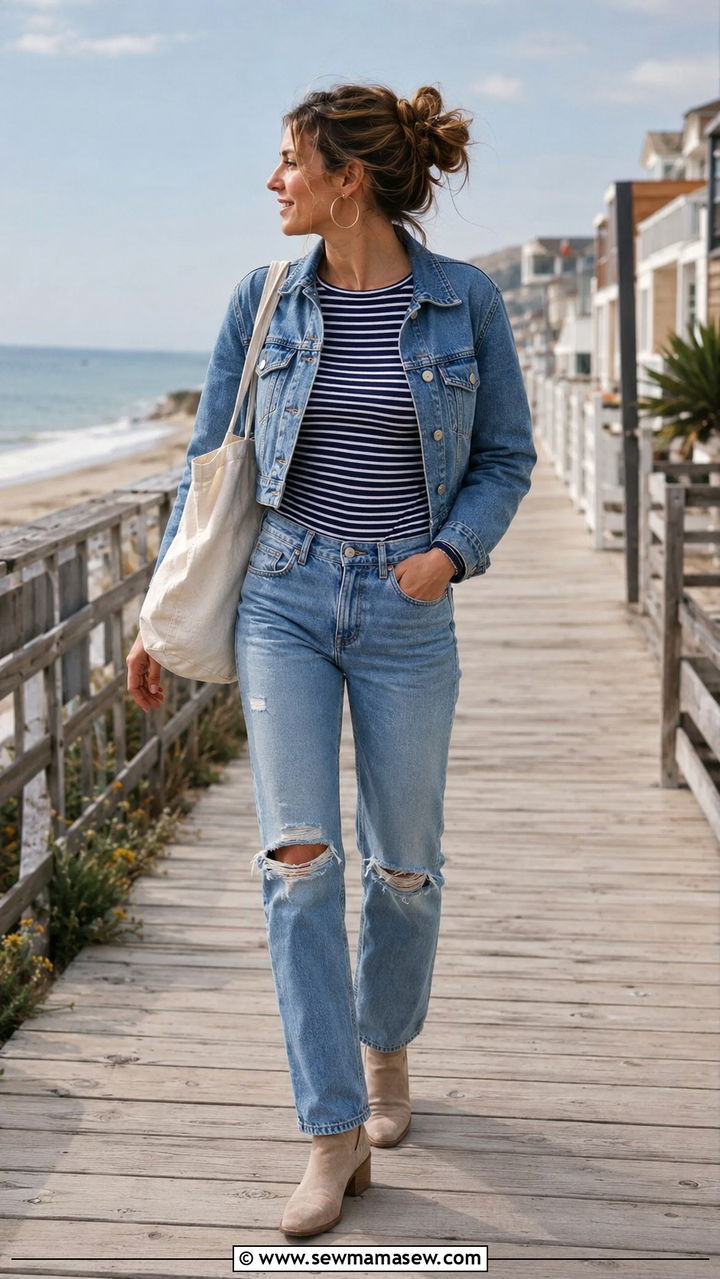 Striped Long Sleeve Swimsuit Under Denim Jacket - 30 Long sleeve swimsuit outfit ideas