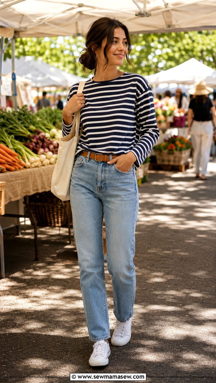 Striped Long Sleeve Tee And Straight Jeans - 25 Mid March outfit ideas