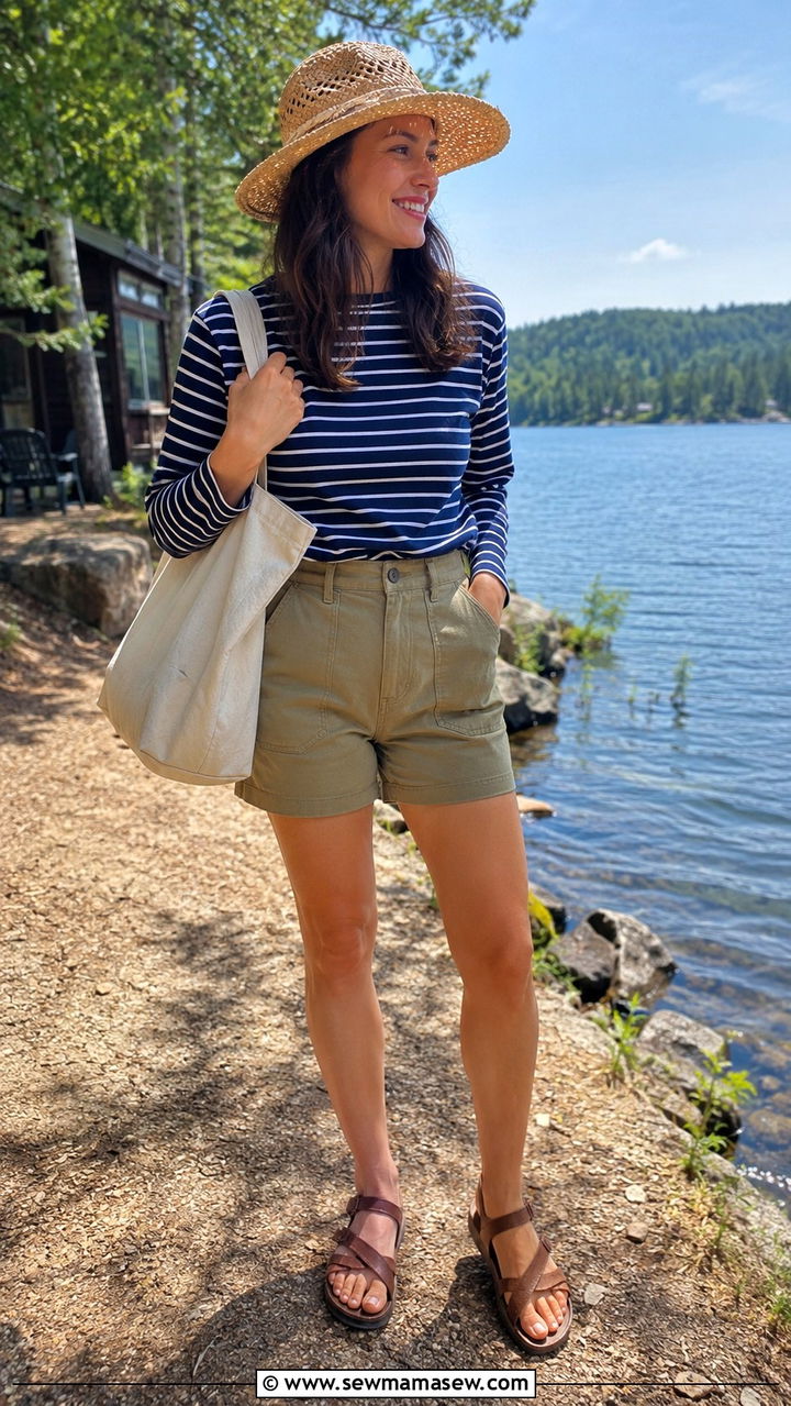 Striped Long Sleeve Tee Outfit with Khaki Shorts and Trail Sandals - 30 Spring cabin weekend outfits