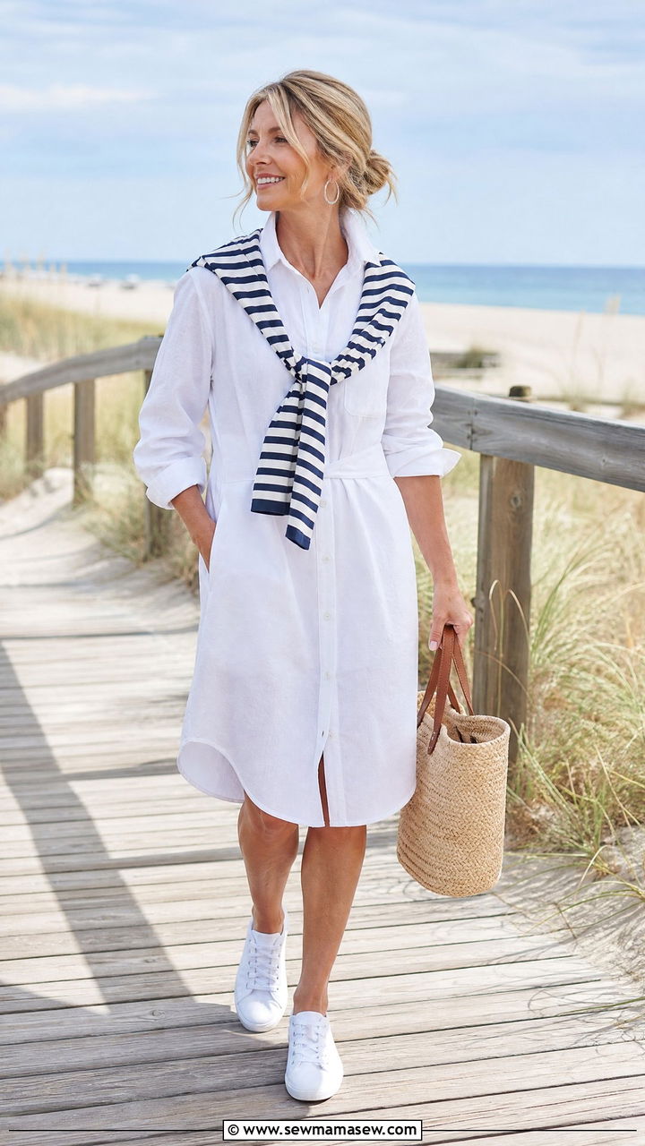 Striped Long Sleeve Tee Tied over White Shirtdress - 30 Coastal grandmother summer outfits