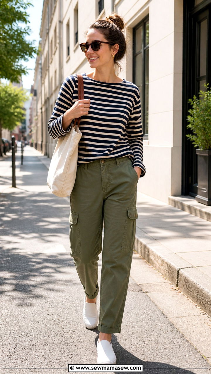 Striped Long Sleeve Tee With Cargo Pants and Slip On Sneakers Outfit - 40 cargo pants outfit ideas for women
