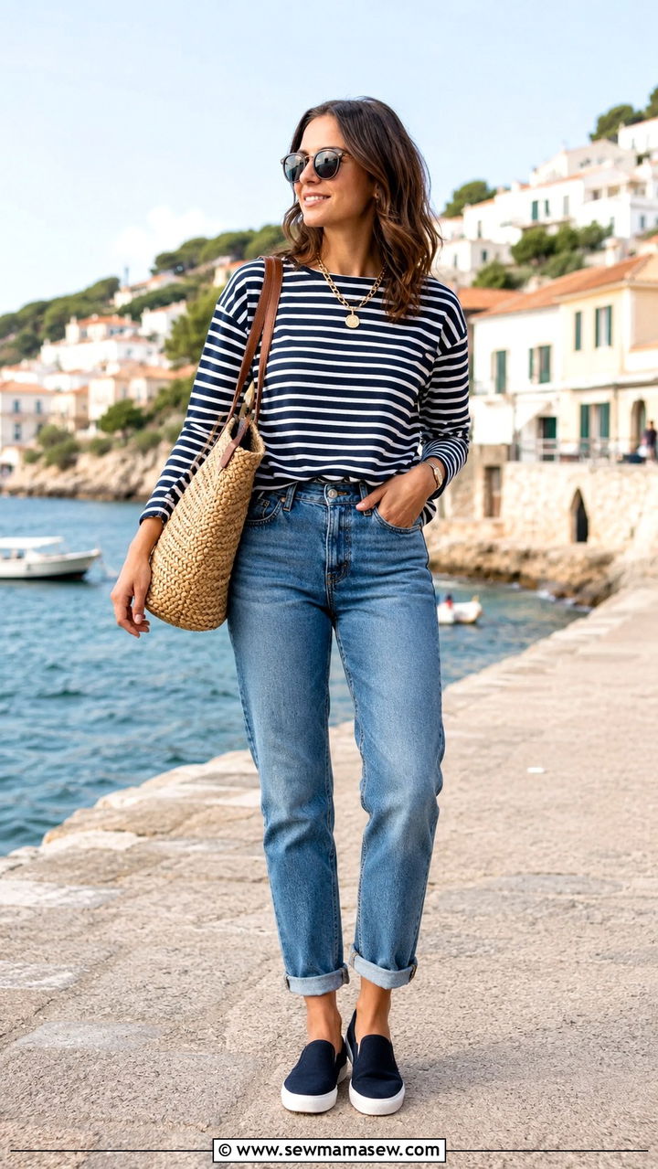 Striped Long Sleeve Tee With Cuffed Jeans And Slip On Sneakers - 30 Sporty chic outfit ideas with jeans