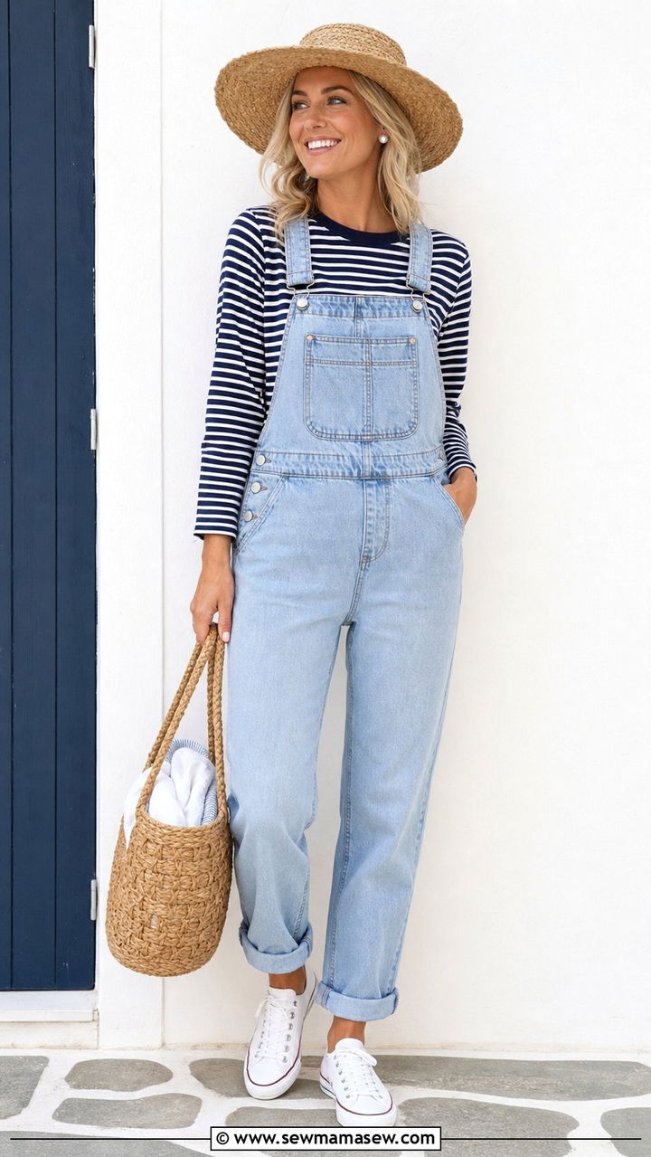 Striped Long Sleeve Tee With Denim Overalls And Basket Bag - 25 coastal grandmother capsule wardrobe outfits