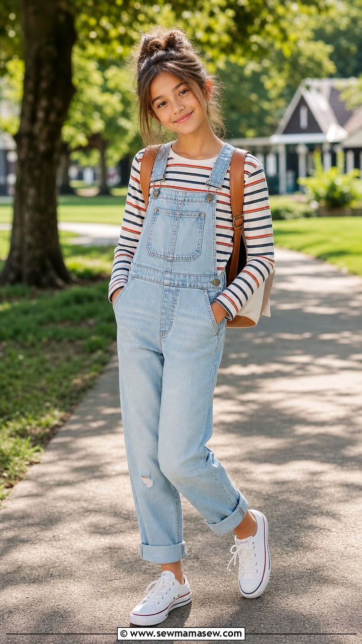 Striped Long Sleeve Tee With Denim Overalls - 35 Back to school outfit ideas 7th grade