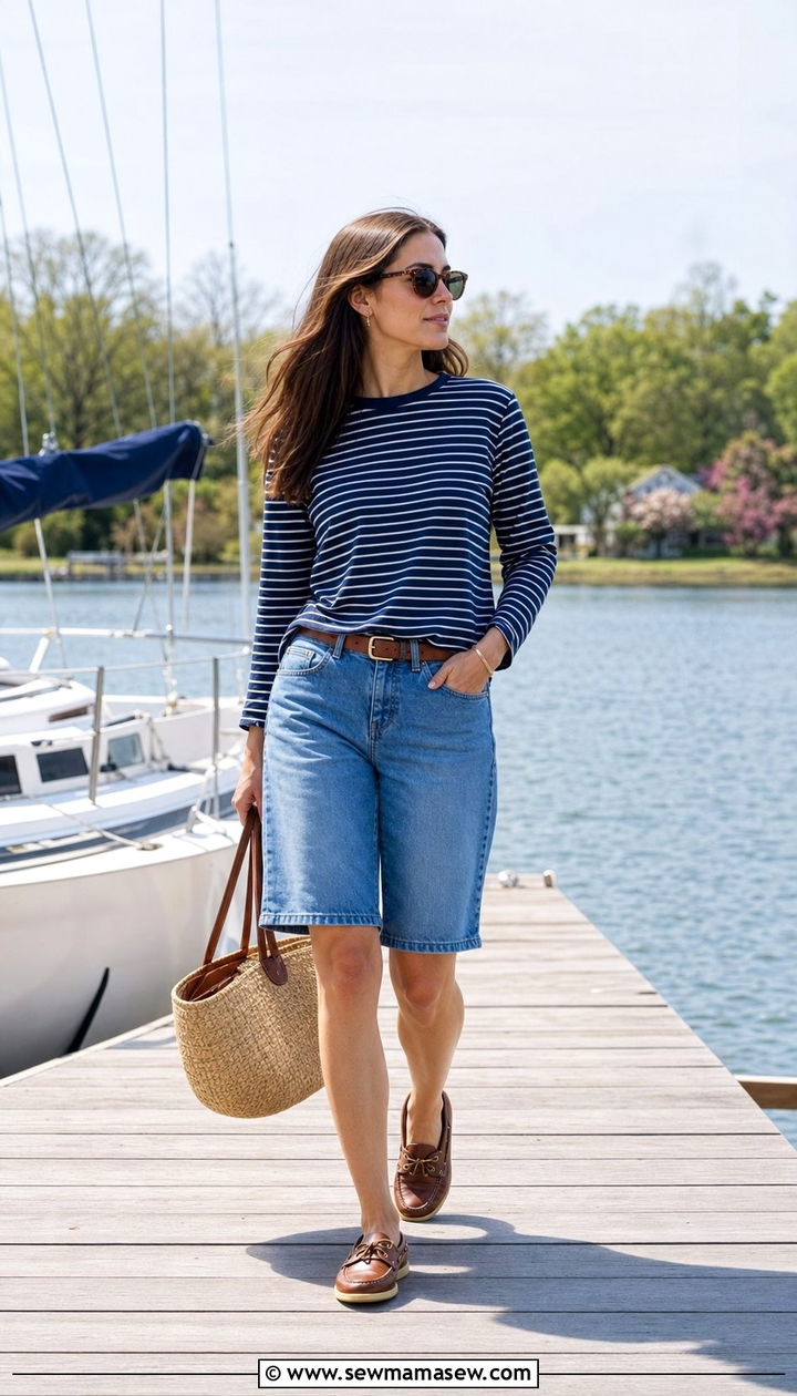 Striped Long Sleeve Tee With Denim Shorts And Boat Shoes - 25 Spring lake outfits