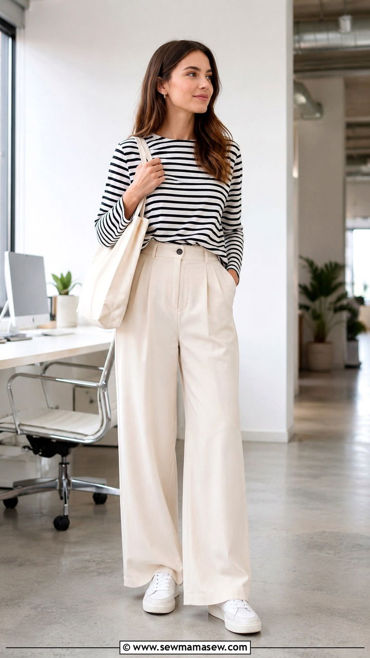 Striped Long Sleeve Tee With High Waist Wide Leg Pants - 30 Outfit ideas for working moms