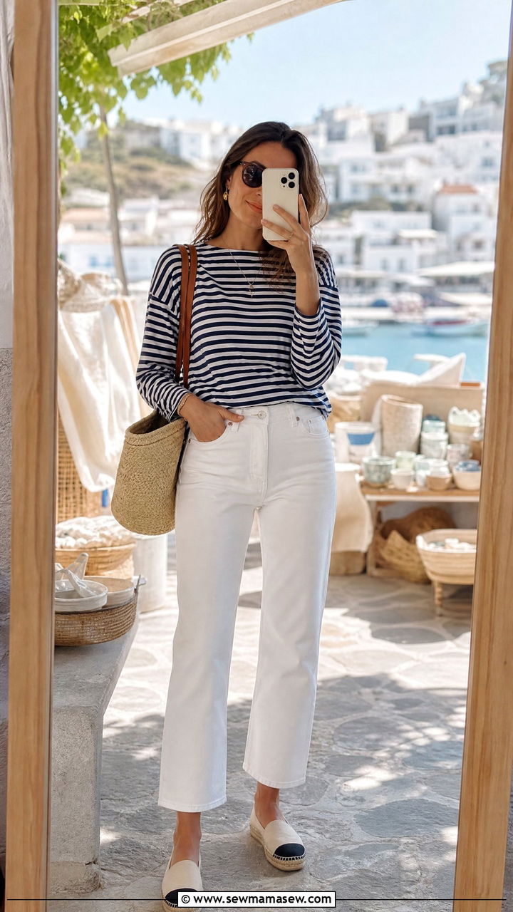 Striped Long Sleeve Tee With White Jeans and Espadrilles - 25 Caroline de Maigret outfit ideas