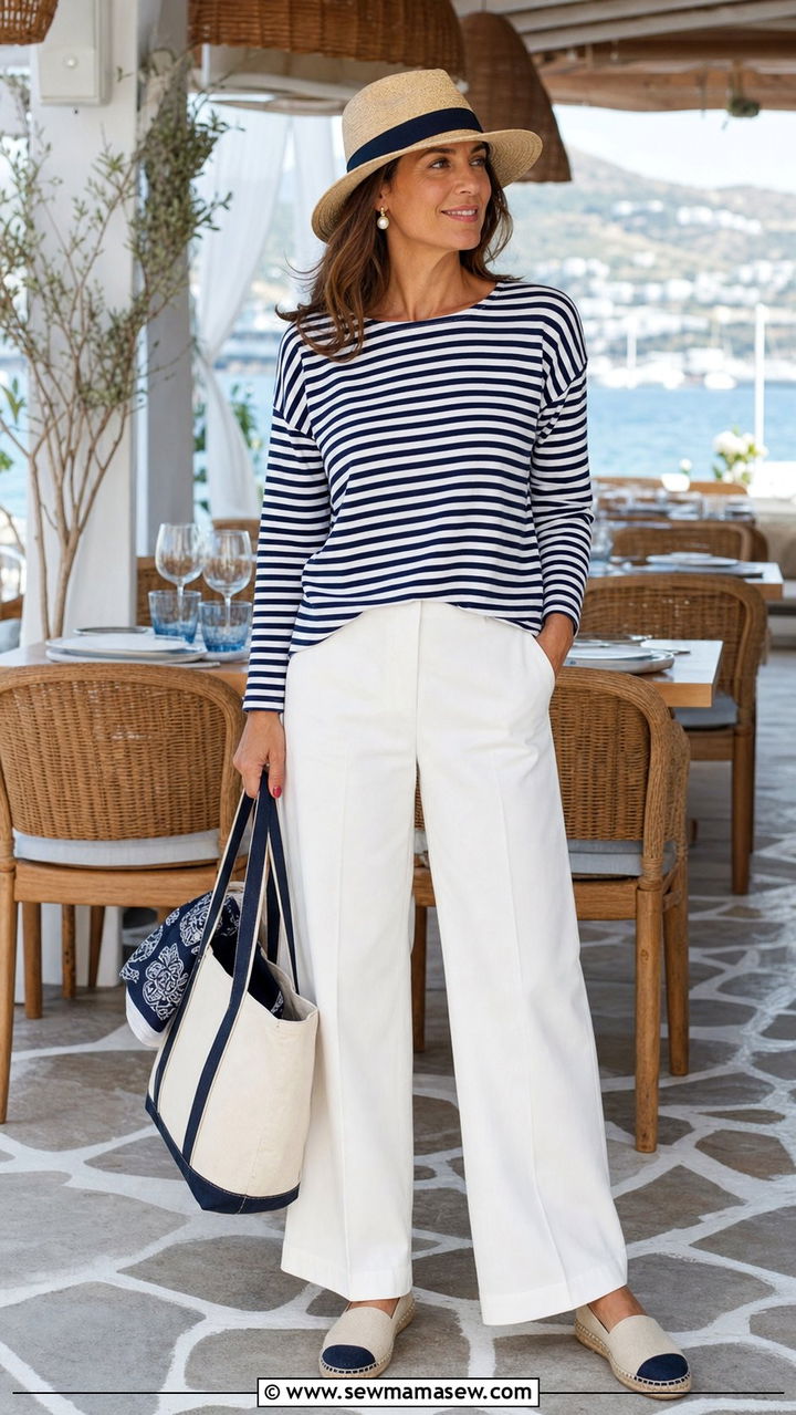 Striped Long Sleeve Tee With White Trousers - 25 coastal grandmother outfits inspo