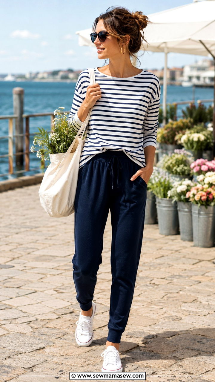Striped Long Sleeve Tee and Canvas Sneakers with Navy Joggers - 30 joggers outfit ideas for women
