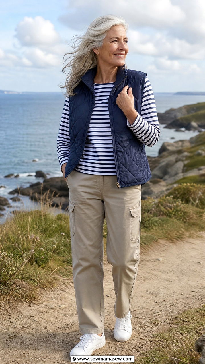 Striped Long Sleeve Tee and Cargo Pants - 25 classy coastal grandmother outfits