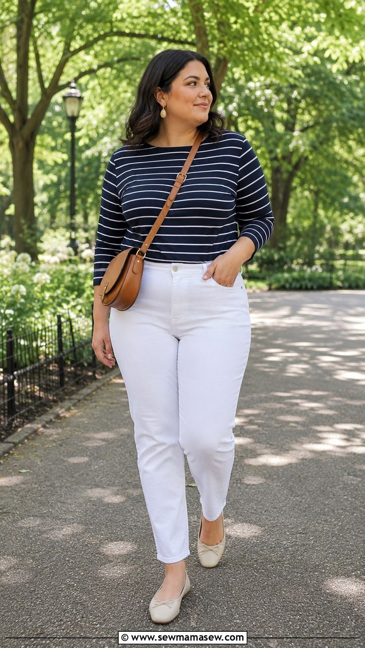 Striped Long Sleeve Tee and White Jeans Outfit - 30 Minimalist outfit ideas plus size