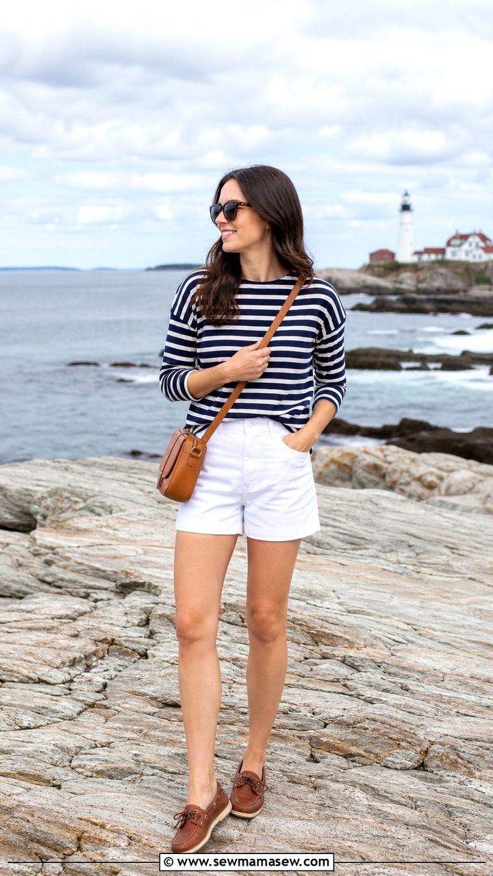 Striped Long Sleeve Tee and White Shorts Coastal Outfit - 40 summer coastal outfit ideas