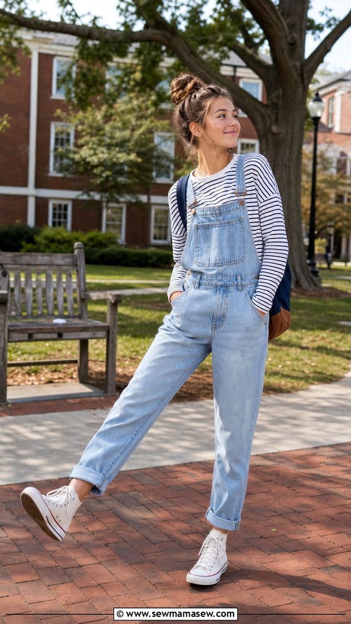 Striped Long Sleeve Tee under Denim Overalls - 35 Back to school outfit ideas 2026