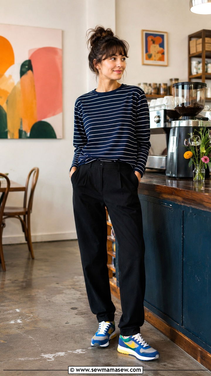 Striped Long Sleeve Tee with Black Trousers and Retro Runners - 30 Spring outfit ideas for barista