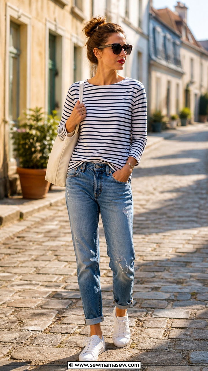 Striped Long Sleeve Tee with Boyfriend Jeans and White Sneakers - 40 jeans outfit ideas for women