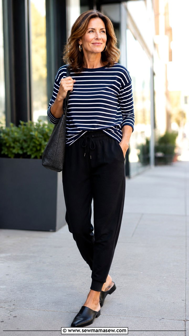 Striped Long Sleeve Tee with Cuffed Joggers and Slip On Mules - 30 Outfit ideas for women over 40 sporty chic