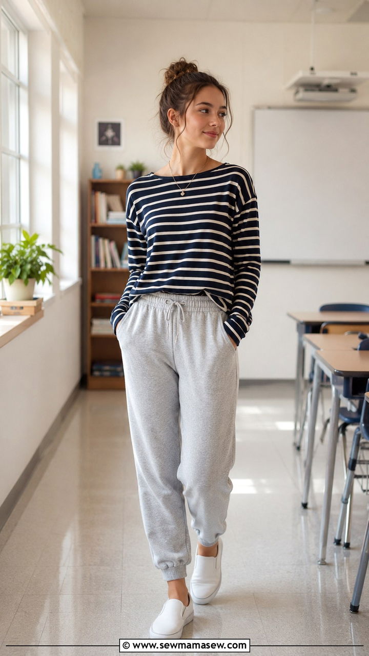 Striped Long Sleeve Tee with Joggers Outfit - 25 School outfit ideas for teens spring 2026