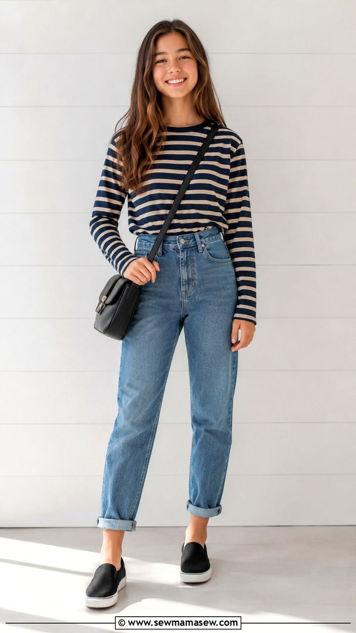 Striped Long Sleeve Tee with Mom Jeans and Slip Ons - 30 Spring outfits for middle school