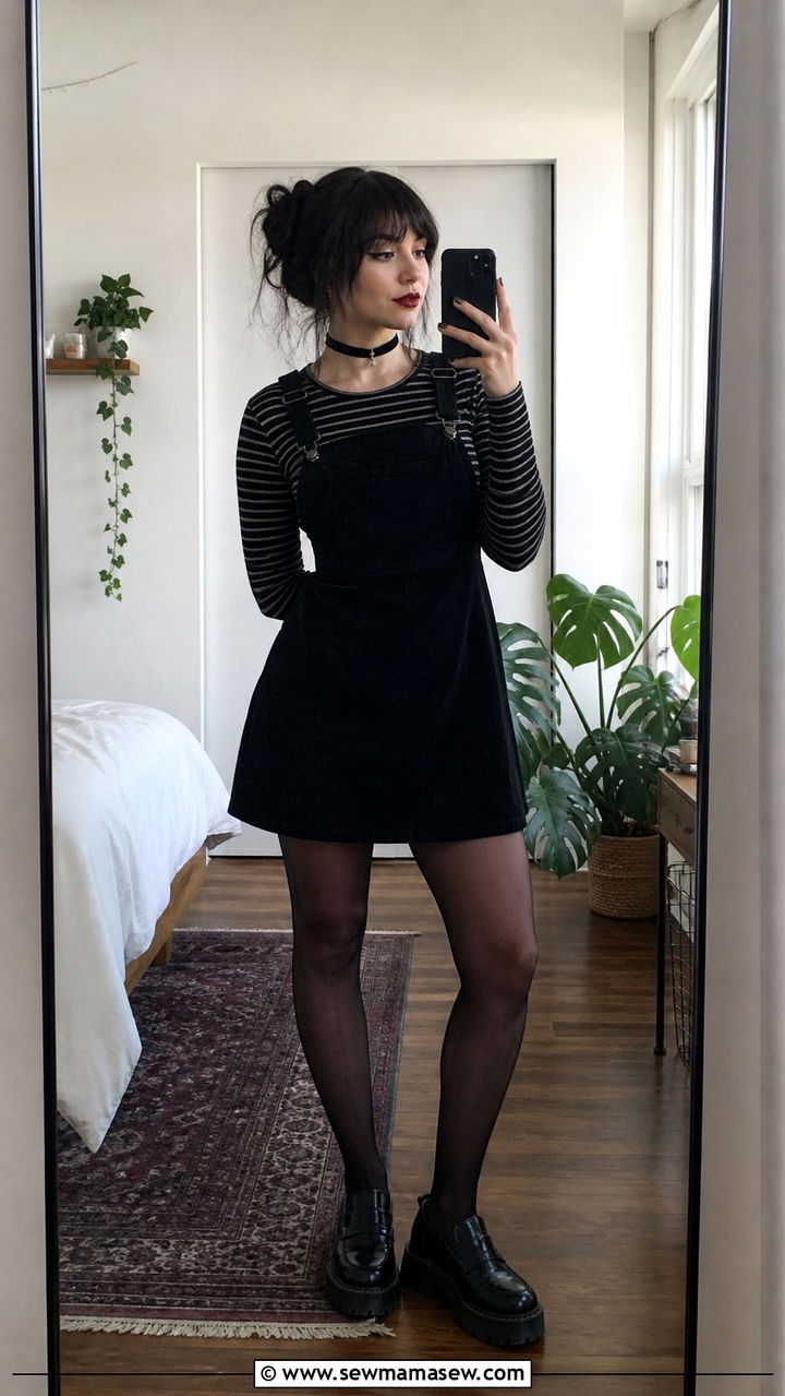 Striped Long Sleeve Top Under Black Mini Pinafore Dress - 40 grunge outfits