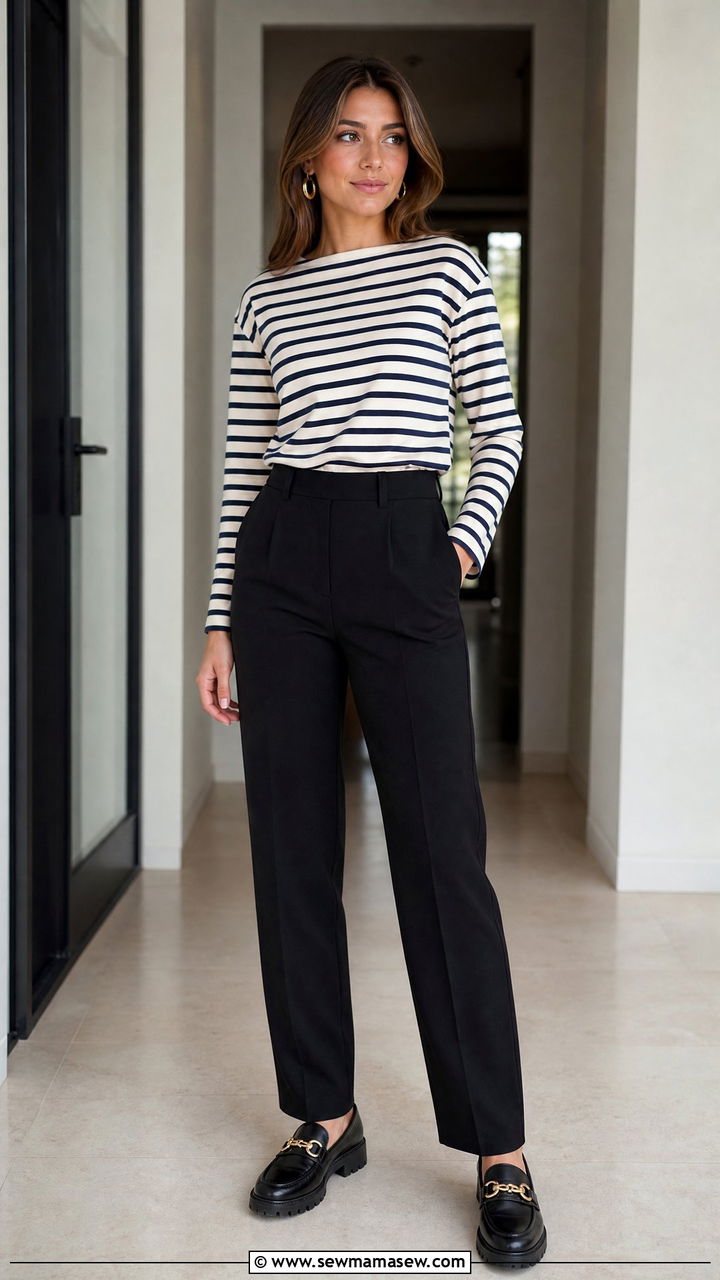 Striped Long Sleeve Top With Black Trousers and Loafers - 25 First year teacher outfit ideas