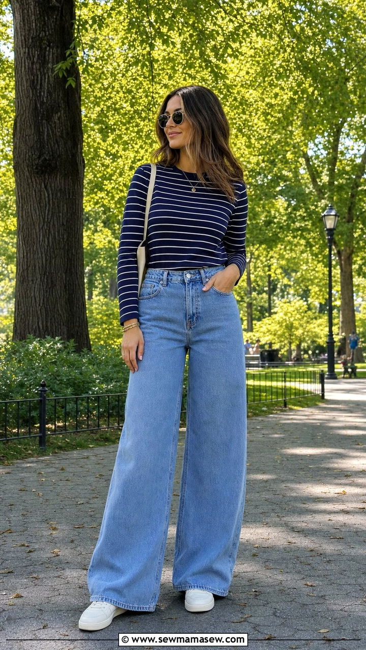 Striped Long Sleeve Top With High Waisted Wide Leg Jeans - 35 April outfit ideas