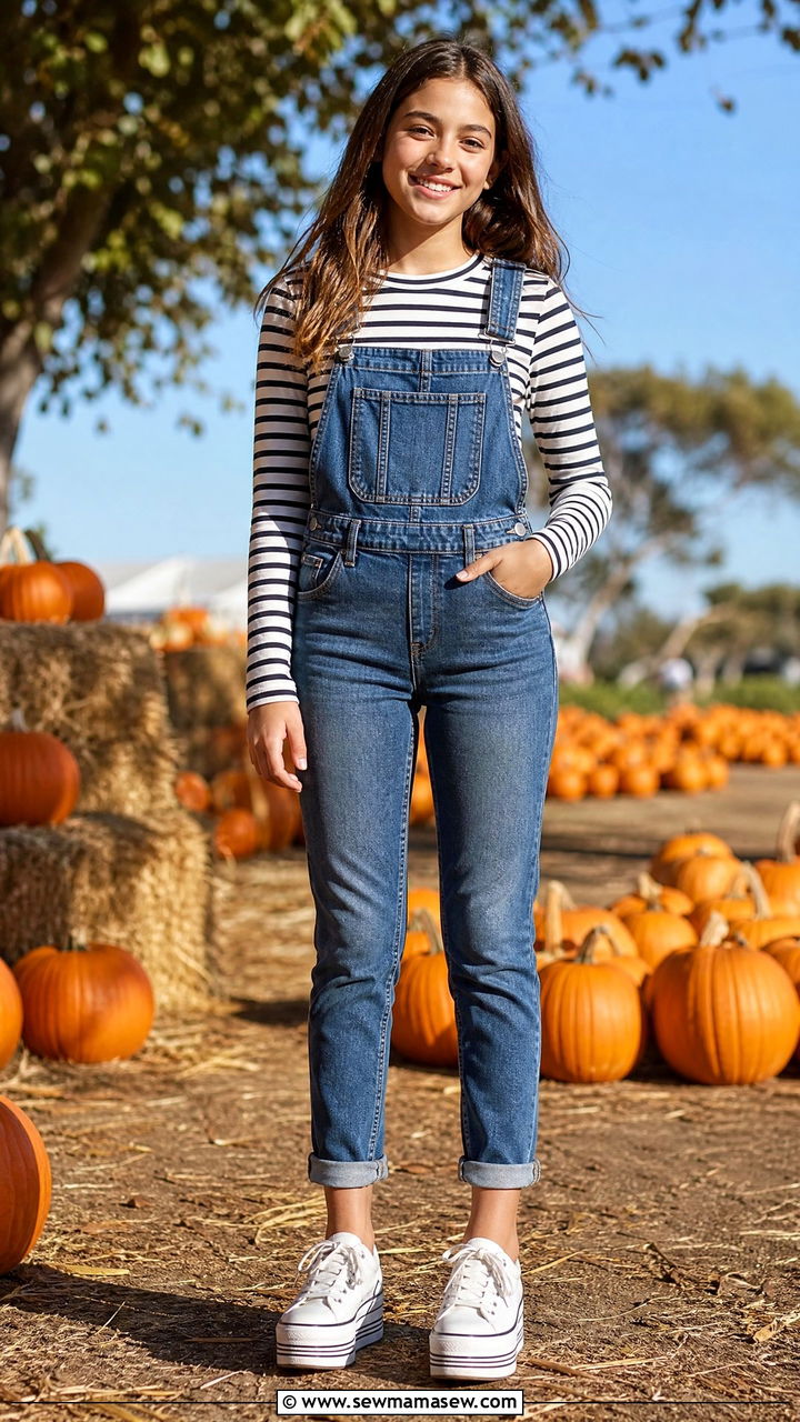 Striped Long Sleeve Top With Overalls And Platform Sneakers - 25 Petite outfit ideas for teens