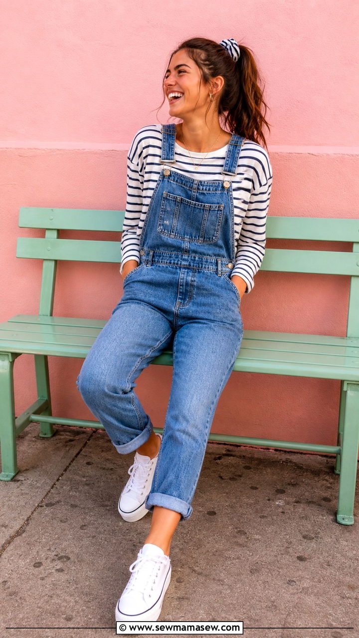 Striped Long Sleeve Top With Overalls - 40 back to school outfit ideas