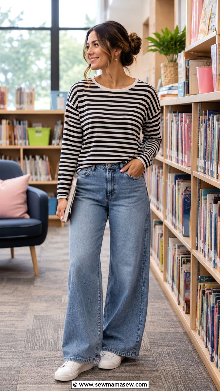 Striped Long Sleeve Top and Wide Leg Jeans - 30 cute teacher outfits