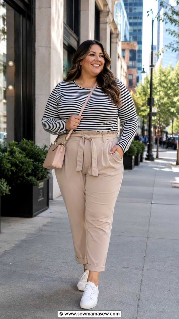 Striped Long Sleeve Top with Paperbag Trousers and Sneakers - 30 plus size brunch outfit ideas