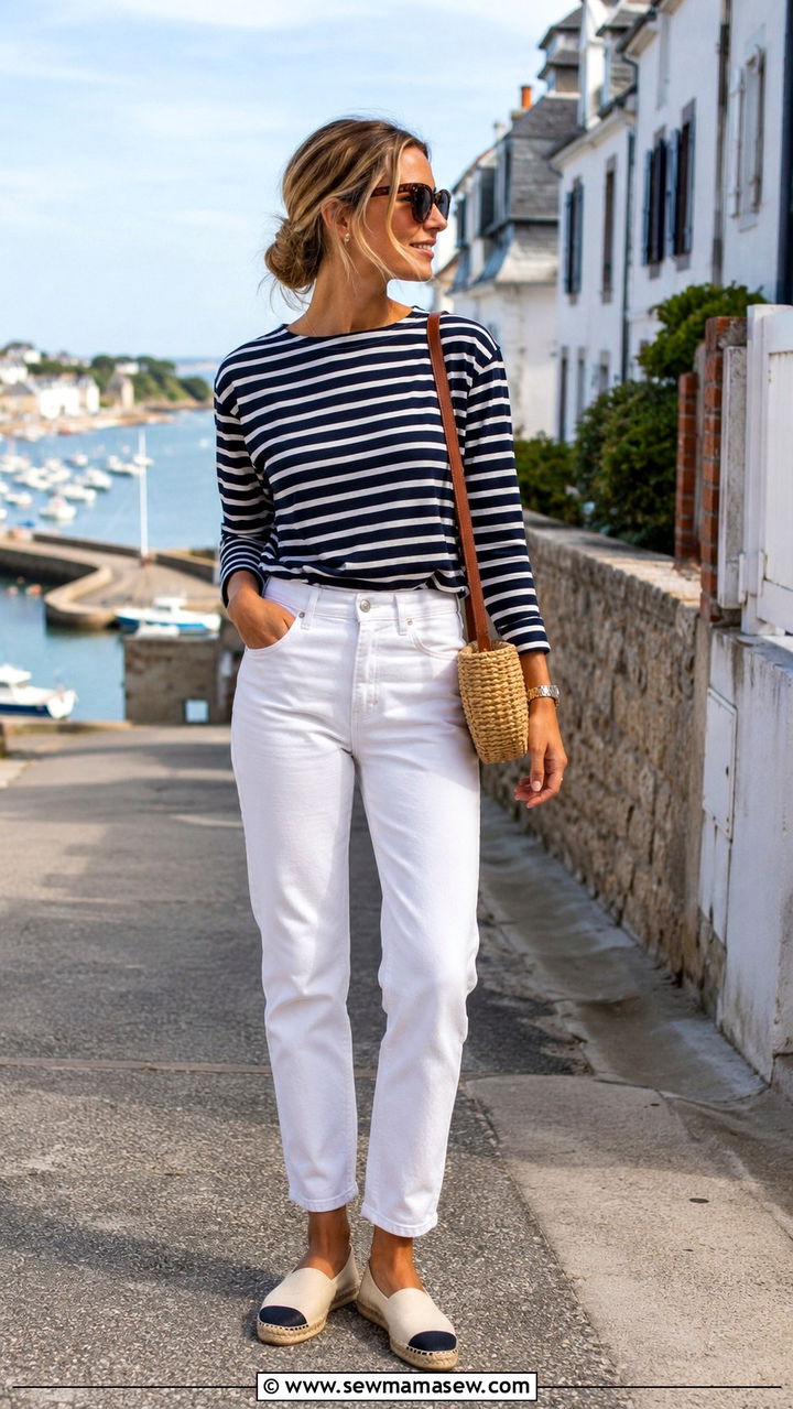 Striped Long Sleeve Top with White Jeans and Espadrilles - 20 Summer outfits for 60 degree weather