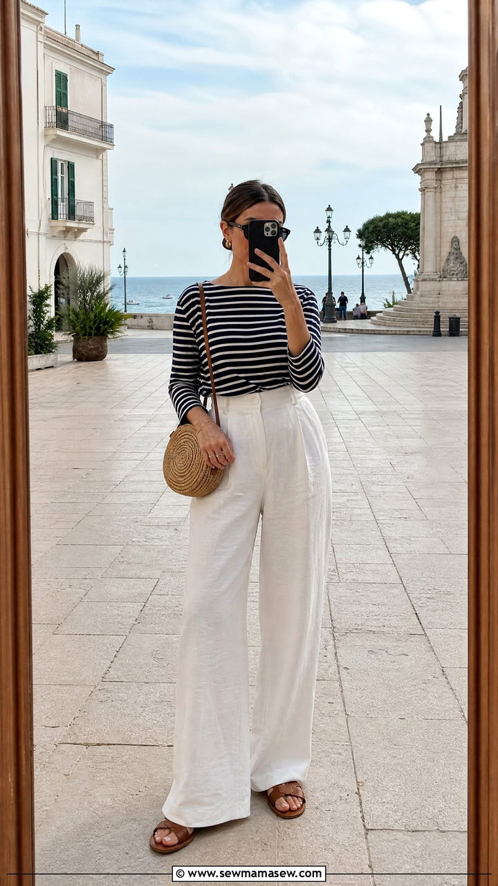 Striped Long Sleeve Top with White Wide Leg Trousers and Sandals - 25 Old money outfit ideas for travel