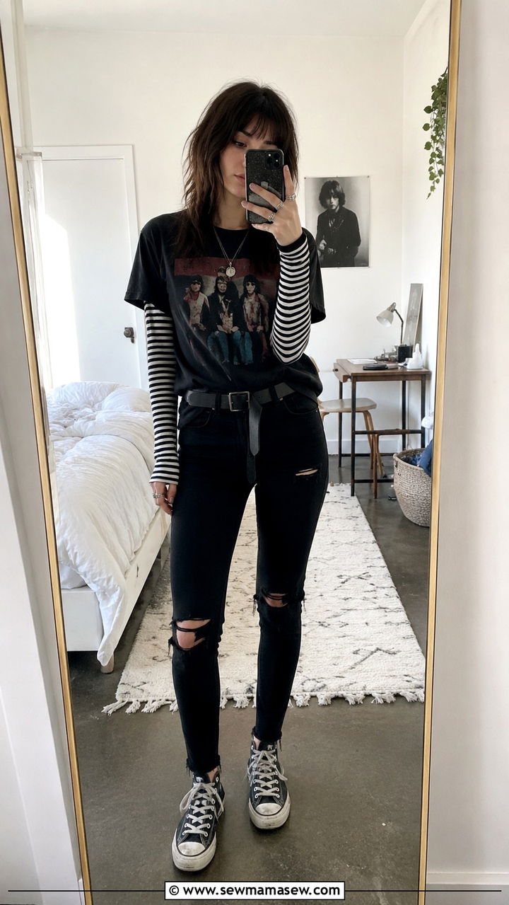 Striped Long Sleeve Under Graphic Tee With Black Skinny Jeans - 20 Indie sleaze outfit ideas for women