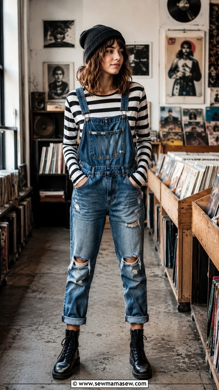 Striped Long Sleeve and Distressed Denim Overalls with Boots - 30 grunge outfits inspo