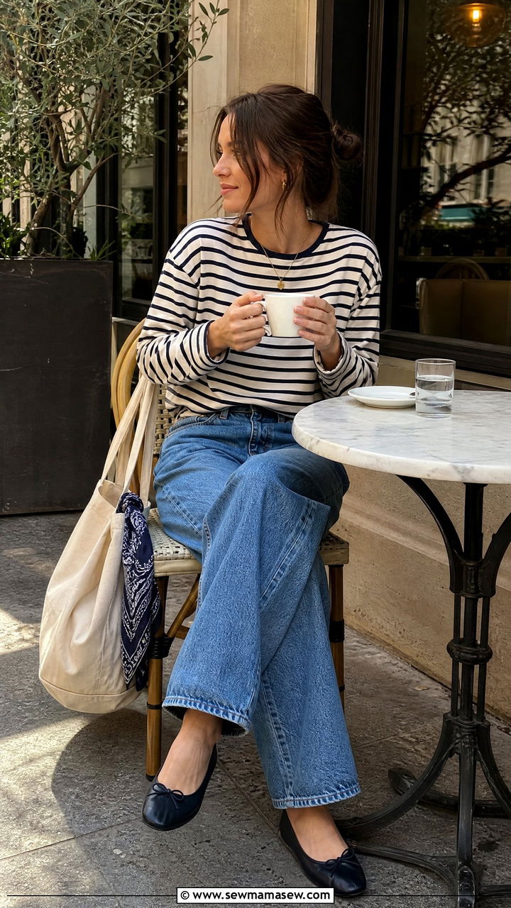 Striped Long Sleeve with Barrel Jeans Outfit - 30 coffee run outfit ideas