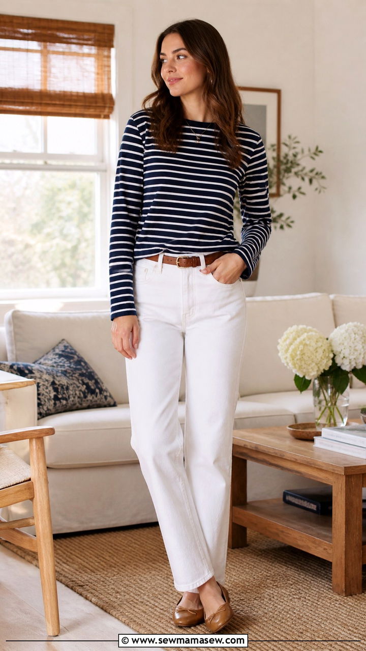 Striped LongSleeve Tee And White Jeans For Remote Work - 40 Work from home outfit ideas