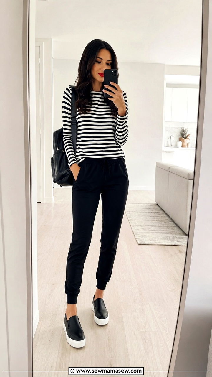 Striped LongSleeve Tee With Black Joggers and SlipOns - 30 Spring outfits with sneakers