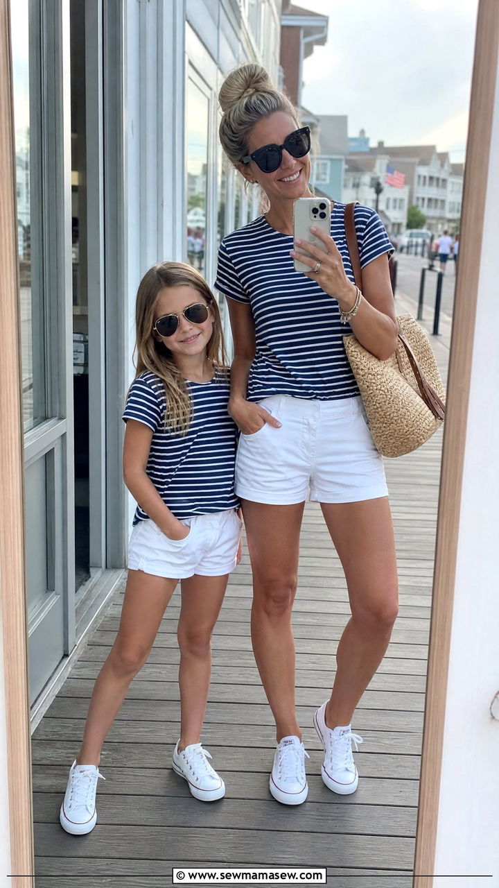 Striped Matching Tees With White Shorts And Canvas Shoes - 30 Summer mother daughter outfits
