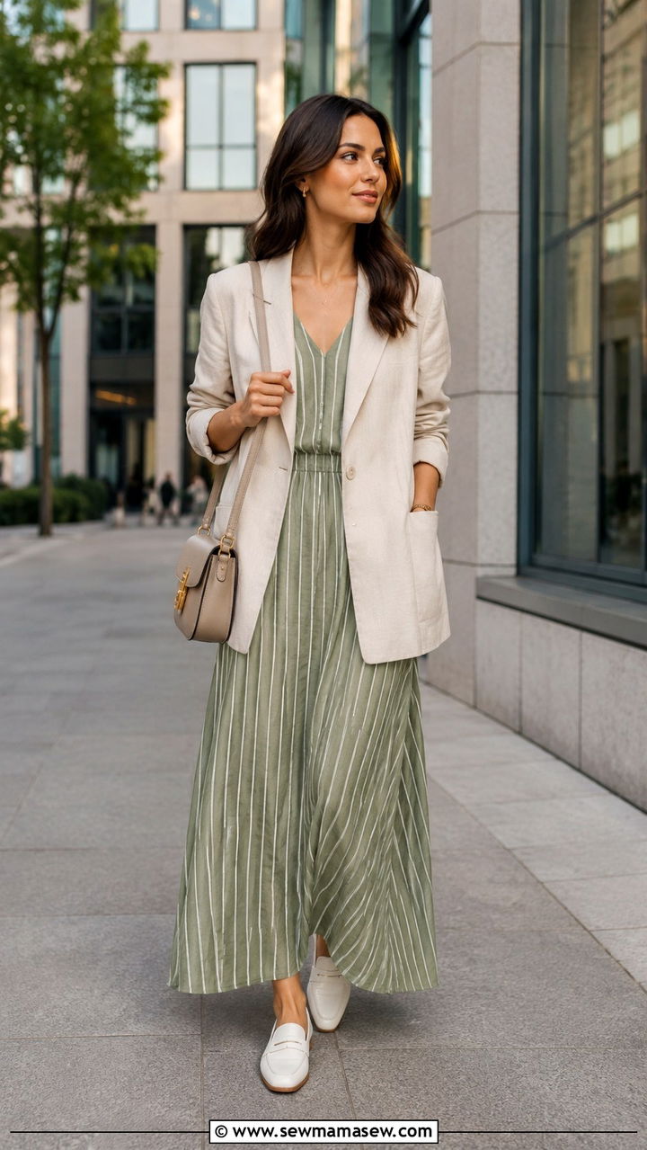 Striped Maxi Dress With Blazer - 30 How to style a maxi dress in spring
