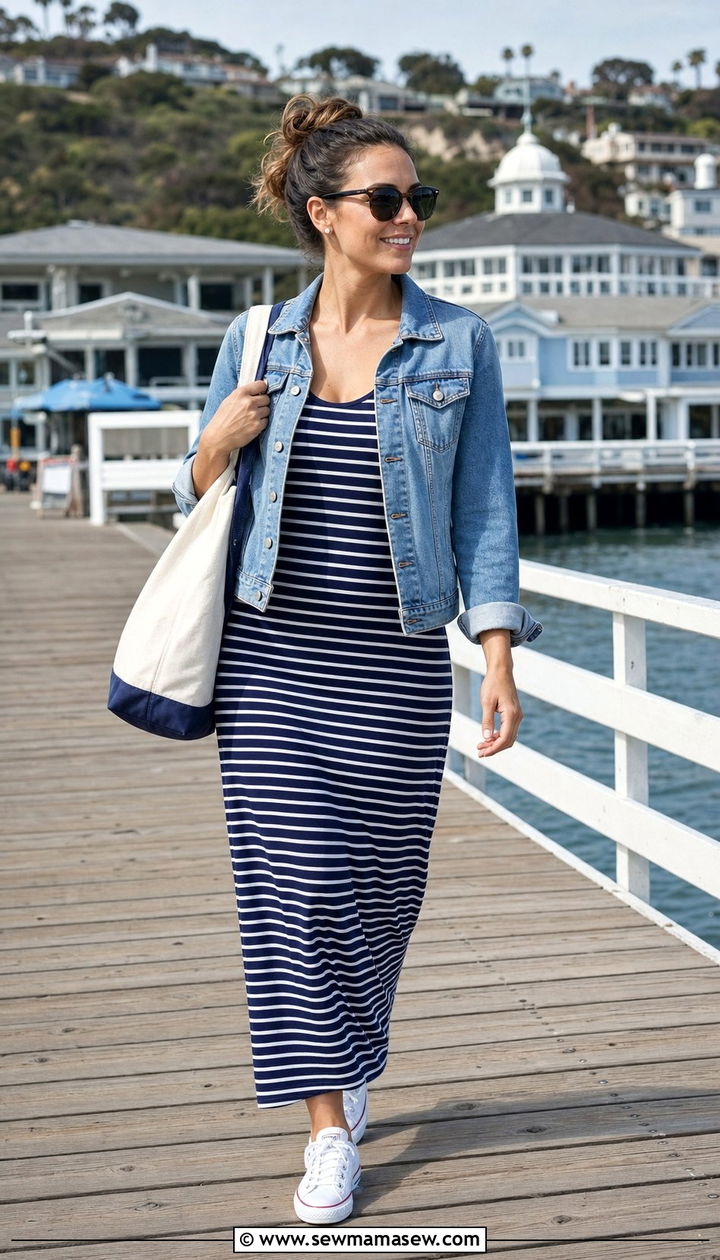 Striped Maxi Dress With Denim Jacket And Canvas Sneakers - 25 spring coastal grandmother outfit ideas