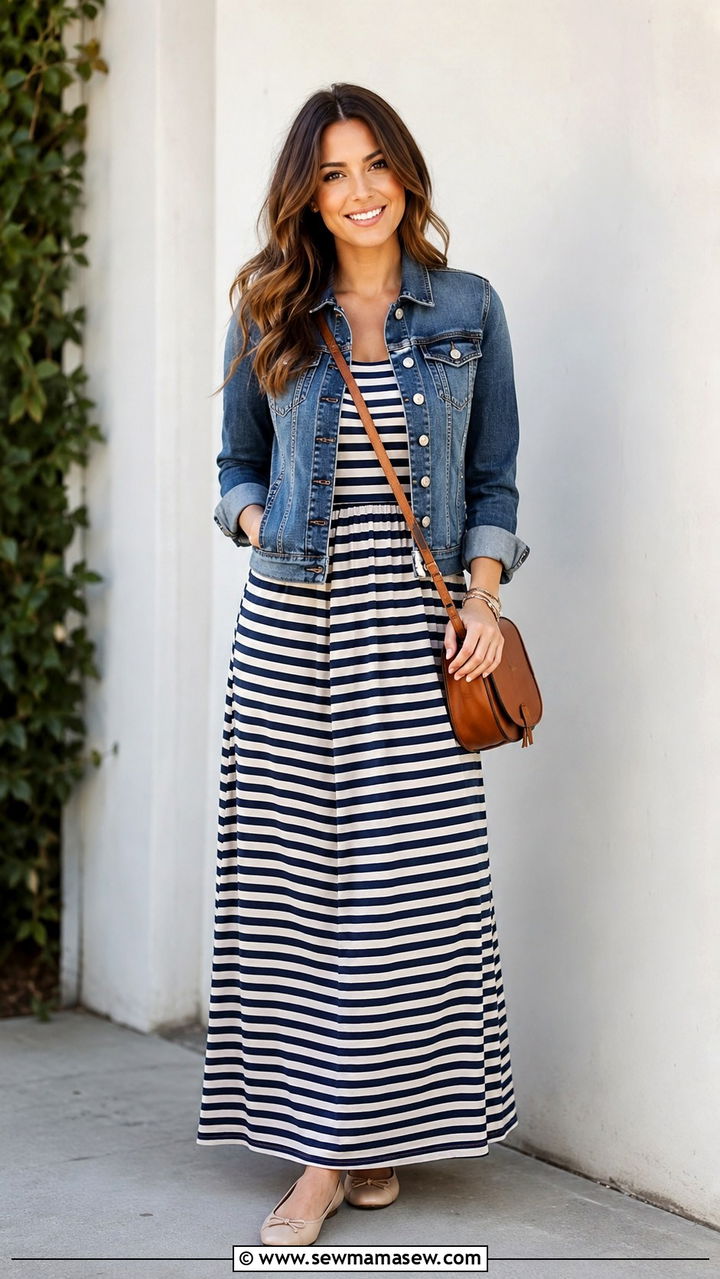 Striped Maxi Dress With Denim Jacket And Flats - 30 Maxi dress with a denim jacket outfit ideas