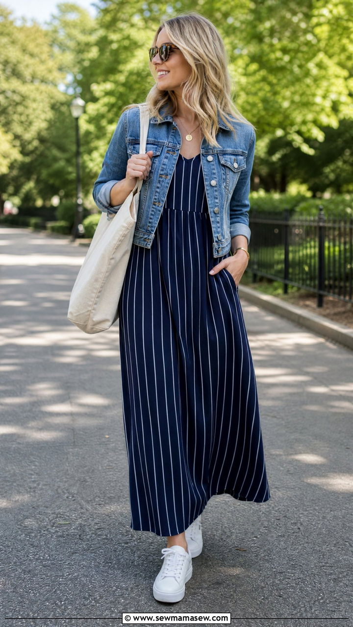 Striped Maxi Dress With Denim Jacket And Sneakers - 30 Striped dress outfit ideas